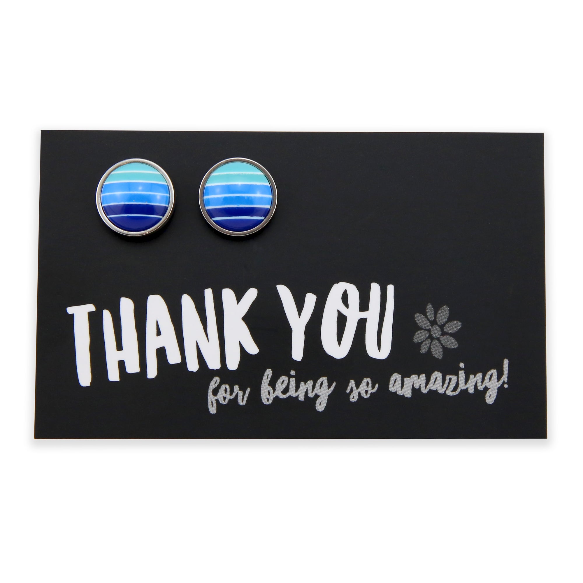 Thank You For Being So Amazing- Vintage Silver Stainless Steel 12mm Circle Studs - Blue Stripe Resin  (9715)