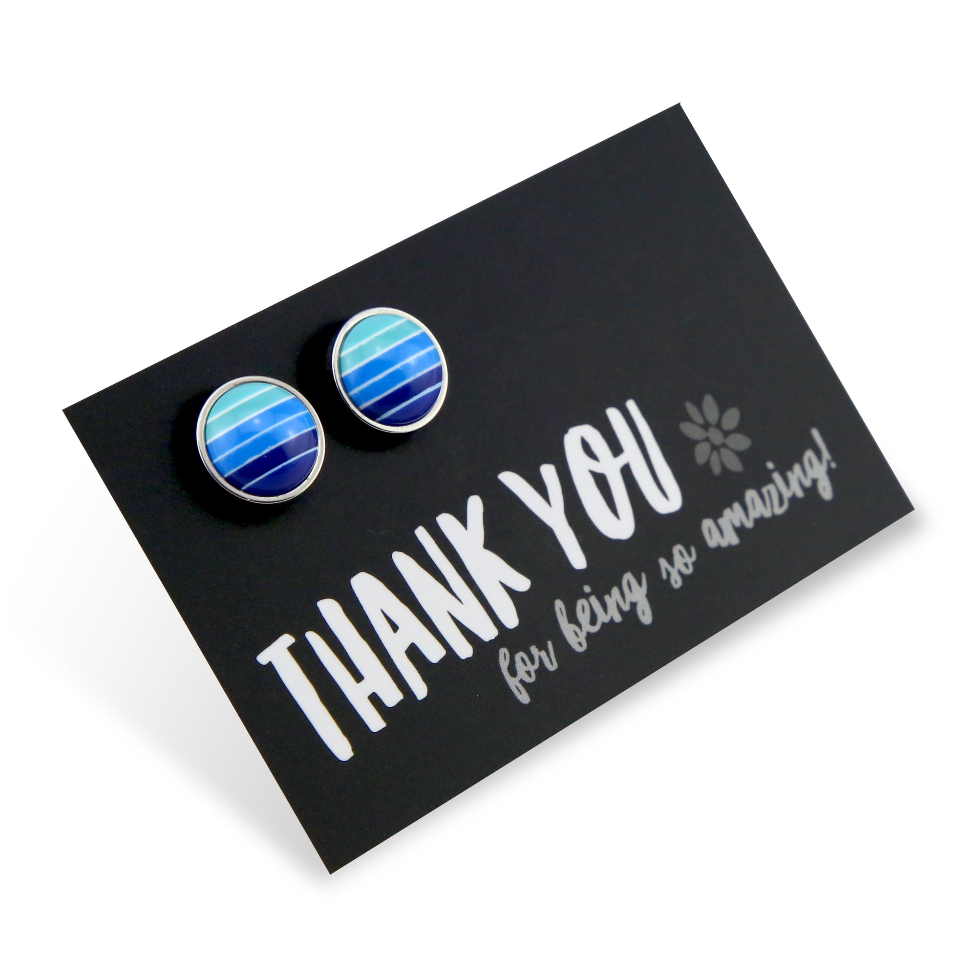 Thank You For Being So Amazing- Vintage Silver Stainless Steel 12mm Circle Studs - Blue Stripe Resin  (9715)
