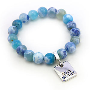 Stone Bracelet - Surf Spray Fire Agate 10mm Beads - with Silver Word Charm