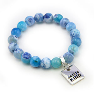 Stone Bracelet - Surf Spray Fire Agate 10mm Beads - with Silver Word Charm