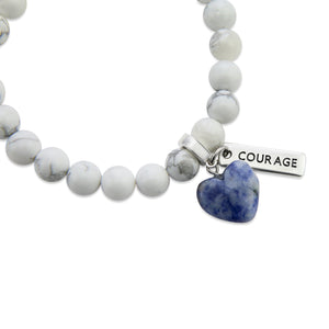 White marble howlite stone bracelet with sodalite stone heart shaped charm and inspiring word charm