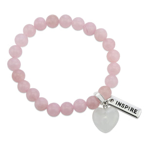 ROSE QUARTZ stone bracelest ith cute hesart charms in white quartz and inspiring word charms.
