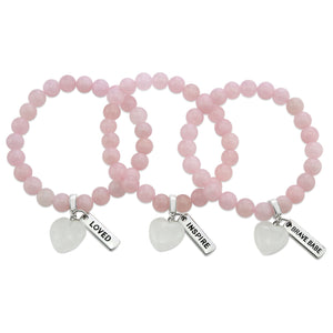 ROSE QUARTZ stone bracelest ith cute hesart charms in white quartz and inspiring word charms.