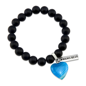 SWEETHEART Bracelet - 10mm MATT BLACK ONYX stone beads with BLUE Heart & Word Charm