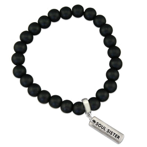 Black onyx stone bead bracelet with silver meaningful charm.
