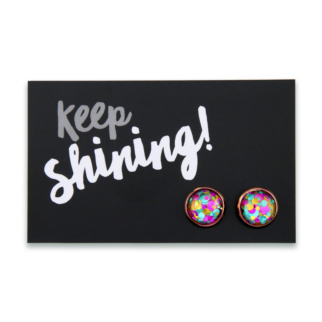 SPARKLEFEST - Keep Shining - Rose Gold 12mm Circle Studs - Big Glitter Aqua, Pink & Gold (8806-R)