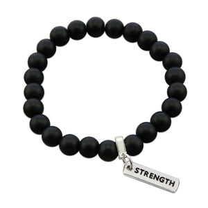 Black onyx stone bead bracelet with silver meaningful charm.