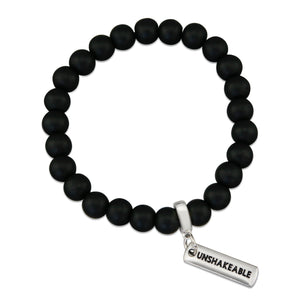 Black onyx stone bead bracelet with silver meaningful charm.
