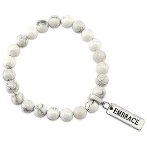 8mm White Marble Stone Bracelet with word charm and silver clip. Featured words are Soul Sister, Family, Grateful, Strength, Hope, Grace, Friendship, Loved, Courage, Brave, Embrace, Enough and many more.
