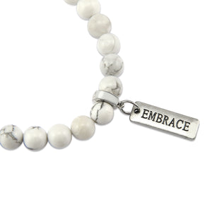 8mm White Marble Stone Bracelet with word charm and silver clip. Featured words are Soul Sister, Family, Grateful, Strength, Hope, Grace, Friendship, Loved, Courage, Brave, Embrace, Enough and many more.