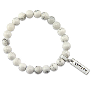 8mm White Marble Stone Bracelet with word charm and silver clip. Featured words are Soul Sister, Family, Grateful, Strength, Hope, Grace, Friendship, Loved, Courage, Brave, Embrace, Enough and many more.