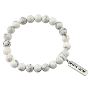 8mm White Marble Stone Bracelet with word charm and silver clip. Featured words are Soul Sister, Family, Grateful, Strength, Hope, Grace, Friendship, Loved, Courage, Brave, Embrace, Enough and many more.