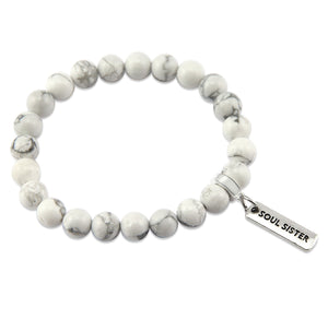 8mm White Marble Stone Bracelet with word charm and silver clip. Featured words are Soul Sister, Family, Grateful, Strength, Hope, Grace, Friendship, Loved, Courage, Brave, Embrace, Enough and many more.