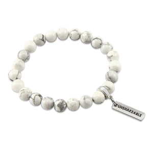 8mm White Marble Stone Bracelet with word charm and silver clip. Featured words are Soul Sister, Family, Grateful, Strength, Hope, Grace, Friendship, Loved, Courage, Brave, Embrace, Enough and many more.