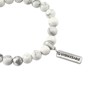8mm White Marble Stone Bracelet with word charm and silver clip. Featured words are Soul Sister, Family, Grateful, Strength, Hope, Grace, Friendship, Loved, Courage, Brave, Embrace, Enough and many more.