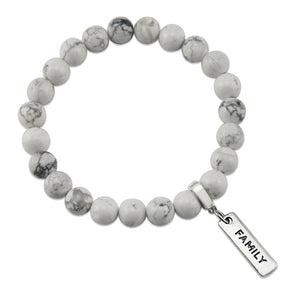 8mm White Marble Stone Bracelet with word charm and silver clip. Featured words are Soul Sister, Family, Grateful, Strength, Hope, Grace, Friendship, Loved, Courage, Brave, Embrace, Enough and many more.