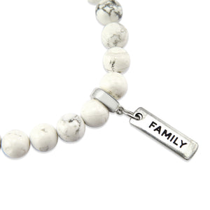 8mm White Marble Stone Bracelet with word charm and silver clip. Featured words are Soul Sister, Family, Grateful, Strength, Hope, Grace, Friendship, Loved, Courage, Brave, Embrace, Enough and many more.