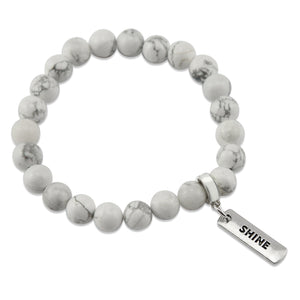 8mm White Marble Stone Bracelet with word charm and silver clip. Featured words are Soul Sister, Family, Grateful, Strength, Hope, Grace, Friendship, Loved, Courage, Brave, Embrace, Enough and many more.