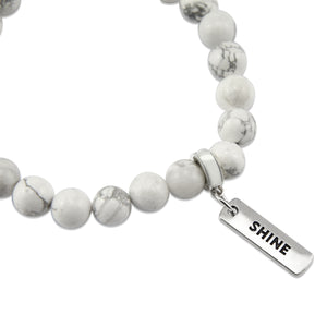 8mm White Marble Stone Bracelet with word charm and silver clip. Featured words are Soul Sister, Family, Grateful, Strength, Hope, Grace, Friendship, Loved, Courage, Brave, Embrace, Enough and many more.
