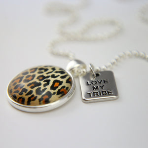 The STRONG WOMEN Collection - Bright Silver 'LOVE MY TRIBE' Necklace - Wild Thing Leopard (10864)