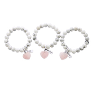 SWEETHEART Bracelet - 10mm WHITE MARBLE with ROSE QUARTZ heart charm & Word Charm