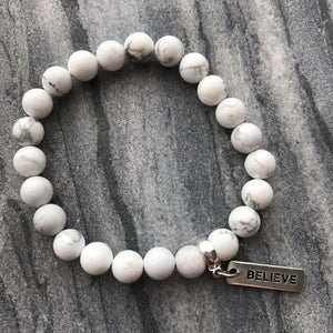 8mm White Marble Stone Bracelet with word charm and silver clip. Featured words are Soul Sister, Family, Grateful, Strength, Hope, Grace, Friendship, Loved, Courage, Brave, Embrace, Enough and many more.