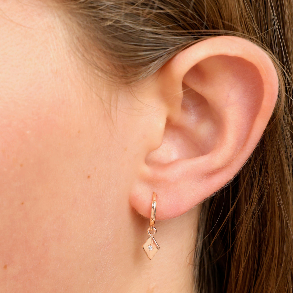 HUGGIES - Love Just For You- 18K Rose Gold Sterling Silver Hoops with Diamond Shaped Charm (8312-R)