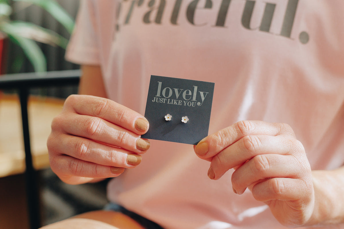 Tiny Flower Bud - Sterling Silver Stud + White Enamel - Lovely Just Like You (8810)