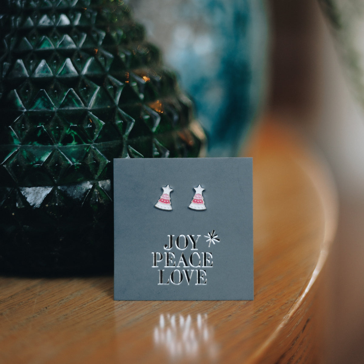 Pink Enamel Christmas Tree Studs - Joy Peace Love - Sterling Silver (9105)