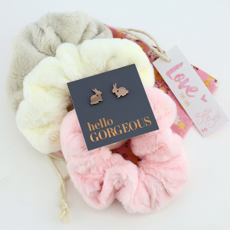 Pink Floral Plush Scrunchy Gift Bundle with Rose Gold Bunny Earrings (W03)