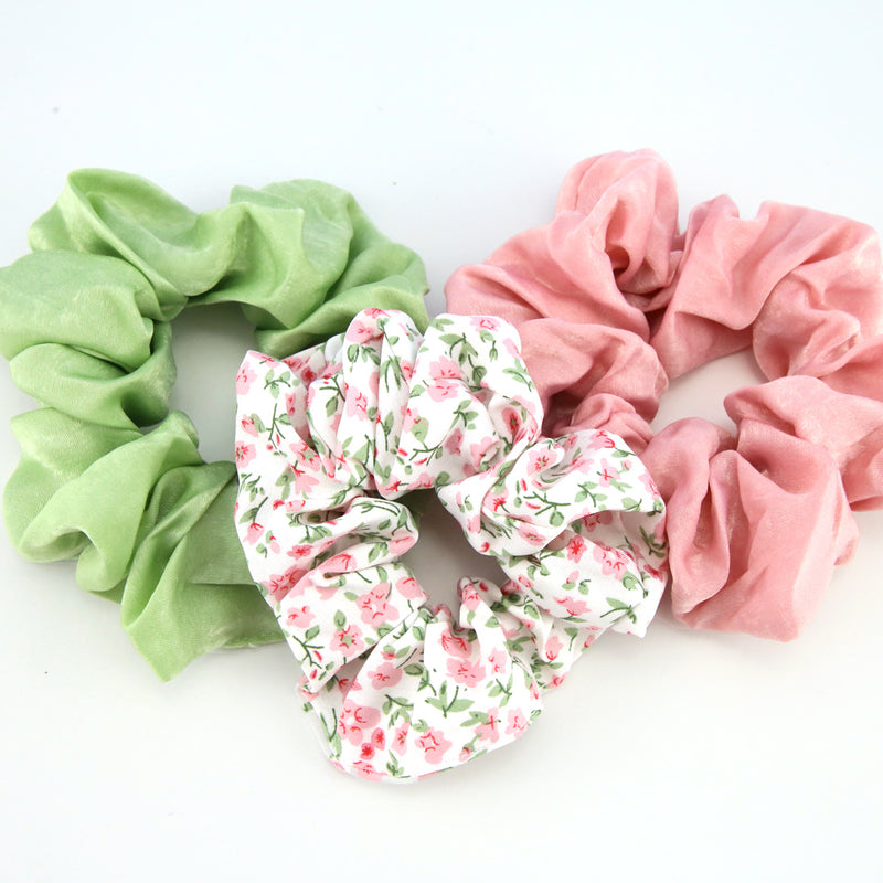 SCRUNCHIES 3 pack - PINK, SPRING GREEN & FLORAL (7009)