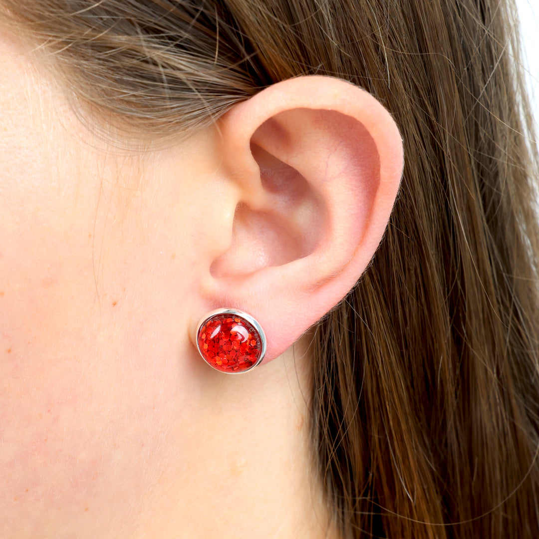 SPARKLEFEST - Laughing All The Way - Silver 12mm Circle Studs - Ruby Red Glitter (10652)