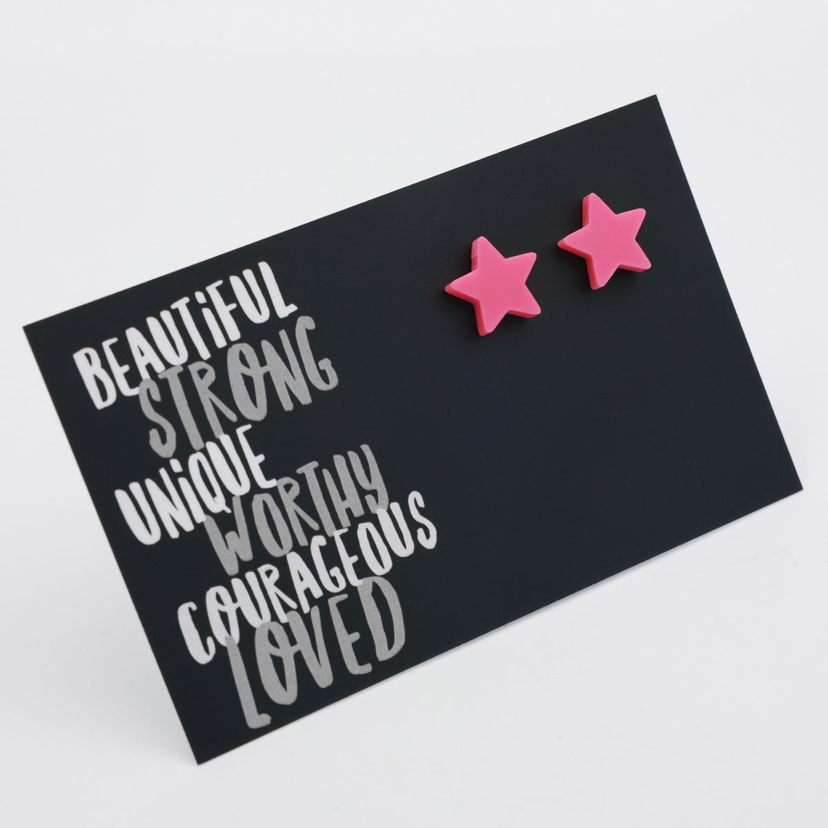 Beautiful Strong Unique pink acrylic star stud earrings – view 2 – Sister & Soul