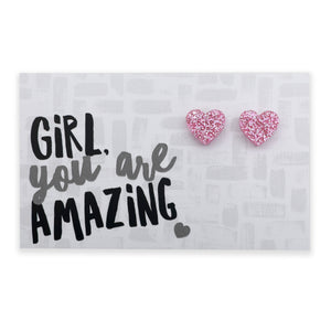 Girl You Are Amazing heart acrylic glitter stud earrings in light pink glitter – Sister & Soul
