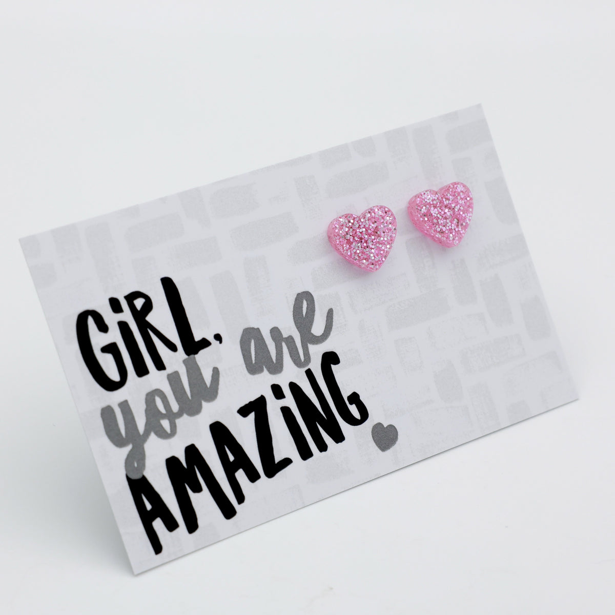 Girl You Are Amazing heart acrylic glitter stud earrings in light pink glitter – view 2 – Sister & Soul