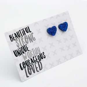 Beautiful Strong Unique heart acrylic glitter stud earrings in dark blue glitter – view 2 – Sister & Soul