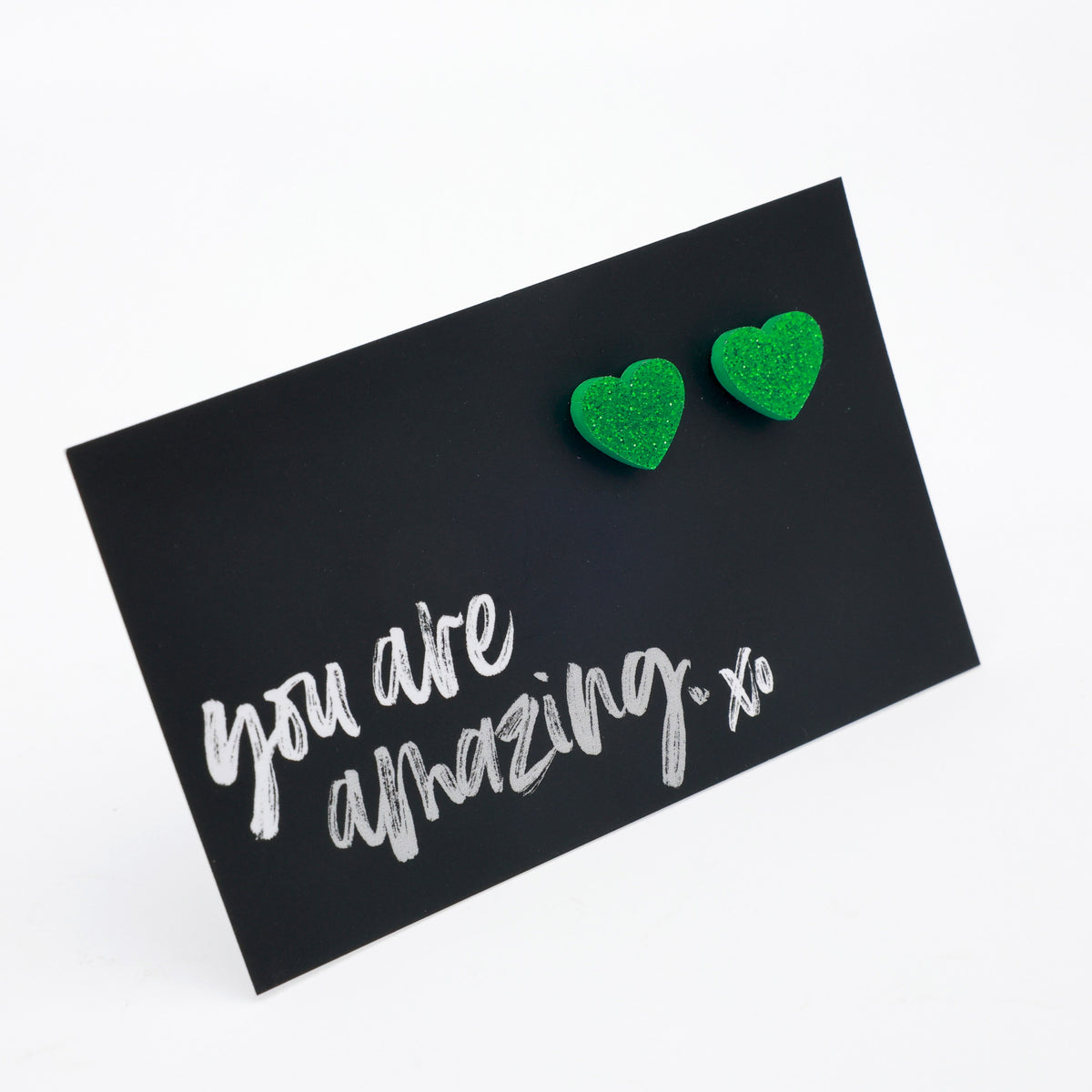You Are Amazing heart acrylic glitter stud earrings in green glitter – view 2 – Sister & Soul