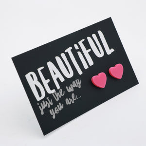 Beautiful Just The Way You Are pink acrylic heart stud earrings – view 2 – Sister & Soul