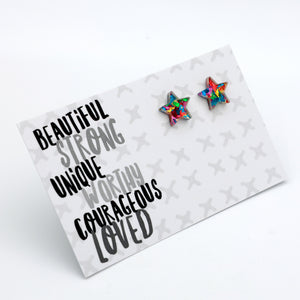 Beautiful Strong Unique star acrylic glitter stud earrings in kaleidoscope glitter – view 2 – Sister & Soul