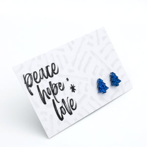 Peace Hope Love Christmas tree acrylic glitter stud earrings in dark blue glitter – view 2 – Sister & Soul