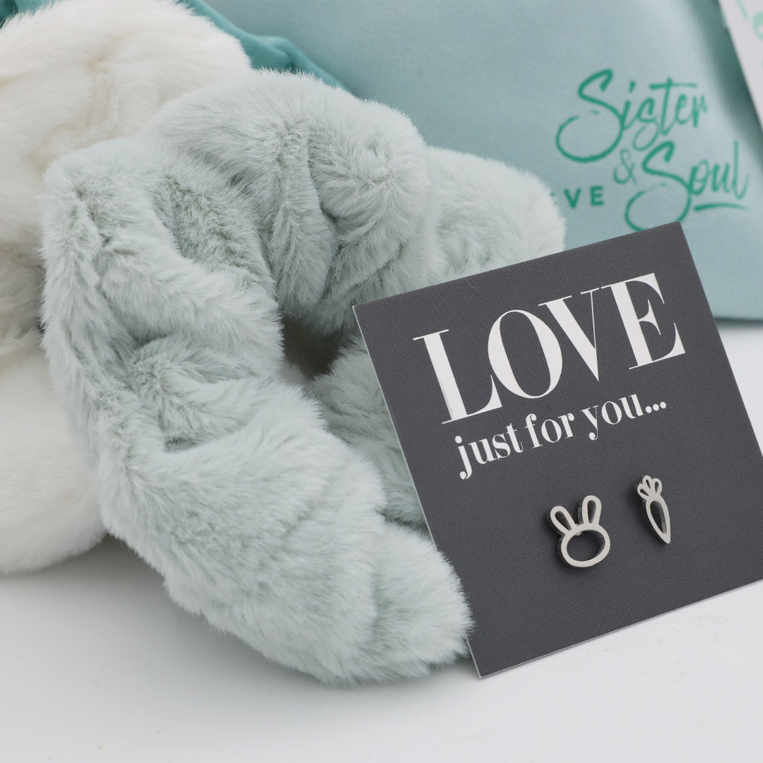 Light blue scrunchie with a card reading 'Love just for you' and earrings on a white background.