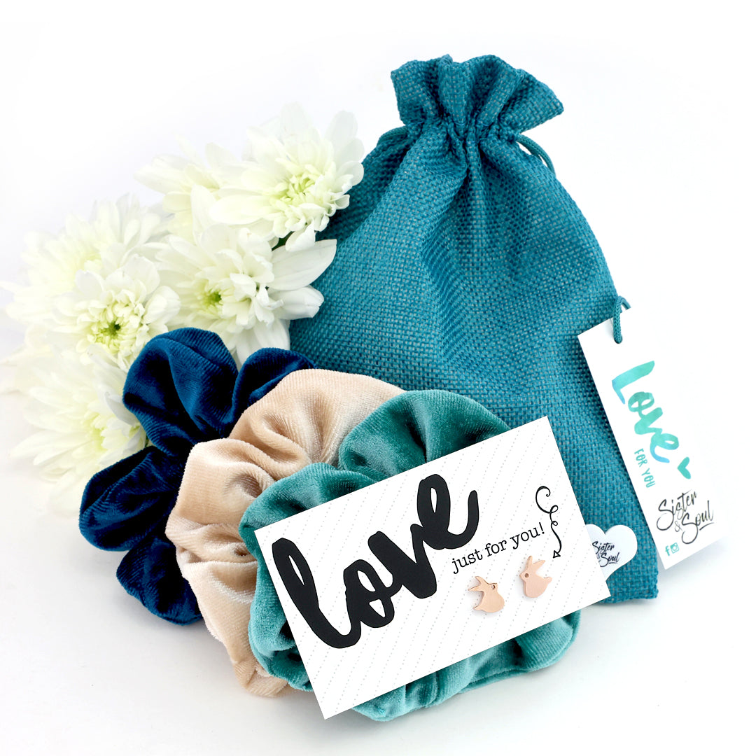 Teal Velvet Scrunchie Gift Bundle with Bunny Earrings (L11)
