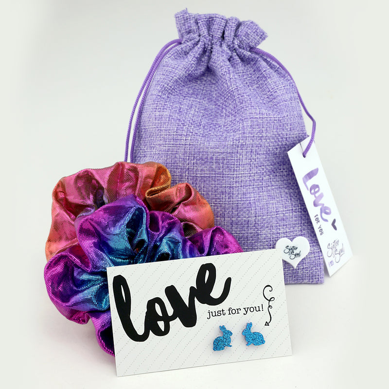 Purple Sparkle Scrunchie Easter Gift Bundle with Blue Glitter Bunny Earrings (S15)