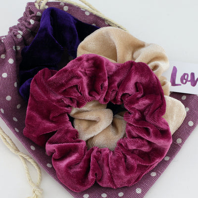 Purple Spot Velvet Scrunchie Easter Gift Bundle with Bunny Earrings (L04)