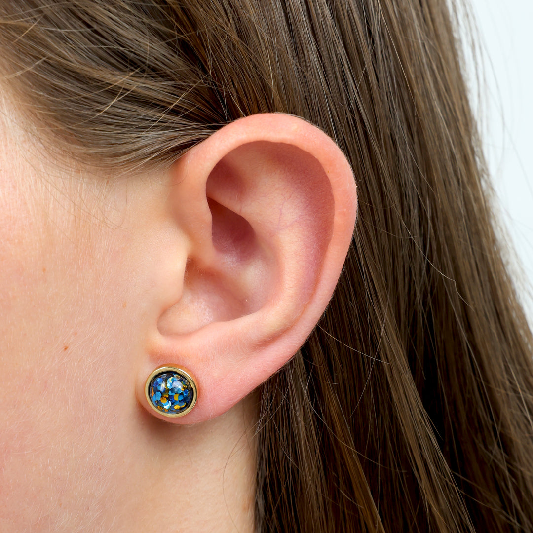 Strong Beautiful Courageous - Gold Stainless Steel 8mm Circle Studs - Blue & Gold Glitter (11561)