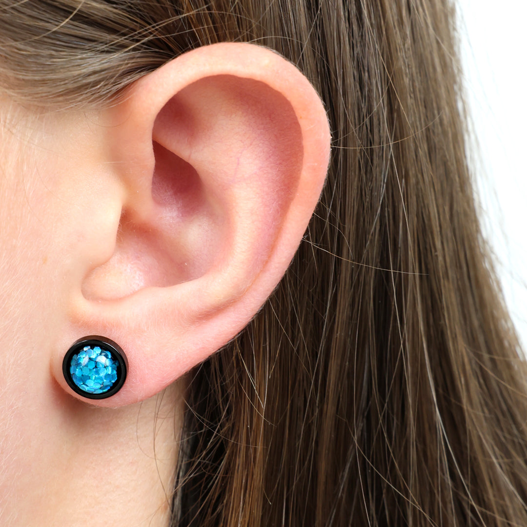 She Leaves A Little Sparkle - Black Stainless Steel 8mm Circle Studs - Aqua Blue Glitter (11461)