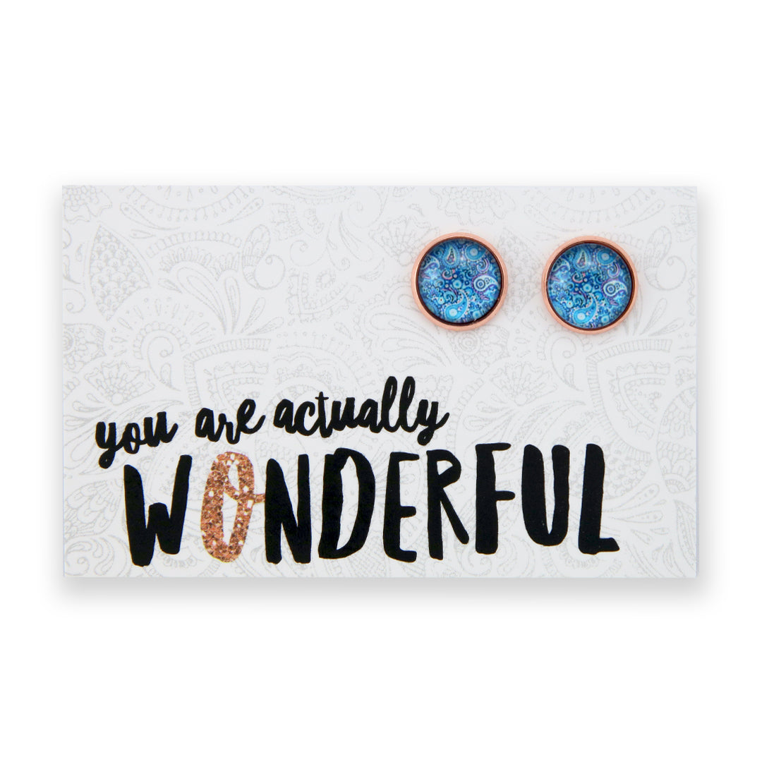 Blue Collection - You are Actually Wonderful - Rose Gold 12mm Circle Studs - Blue Paisley (12443)