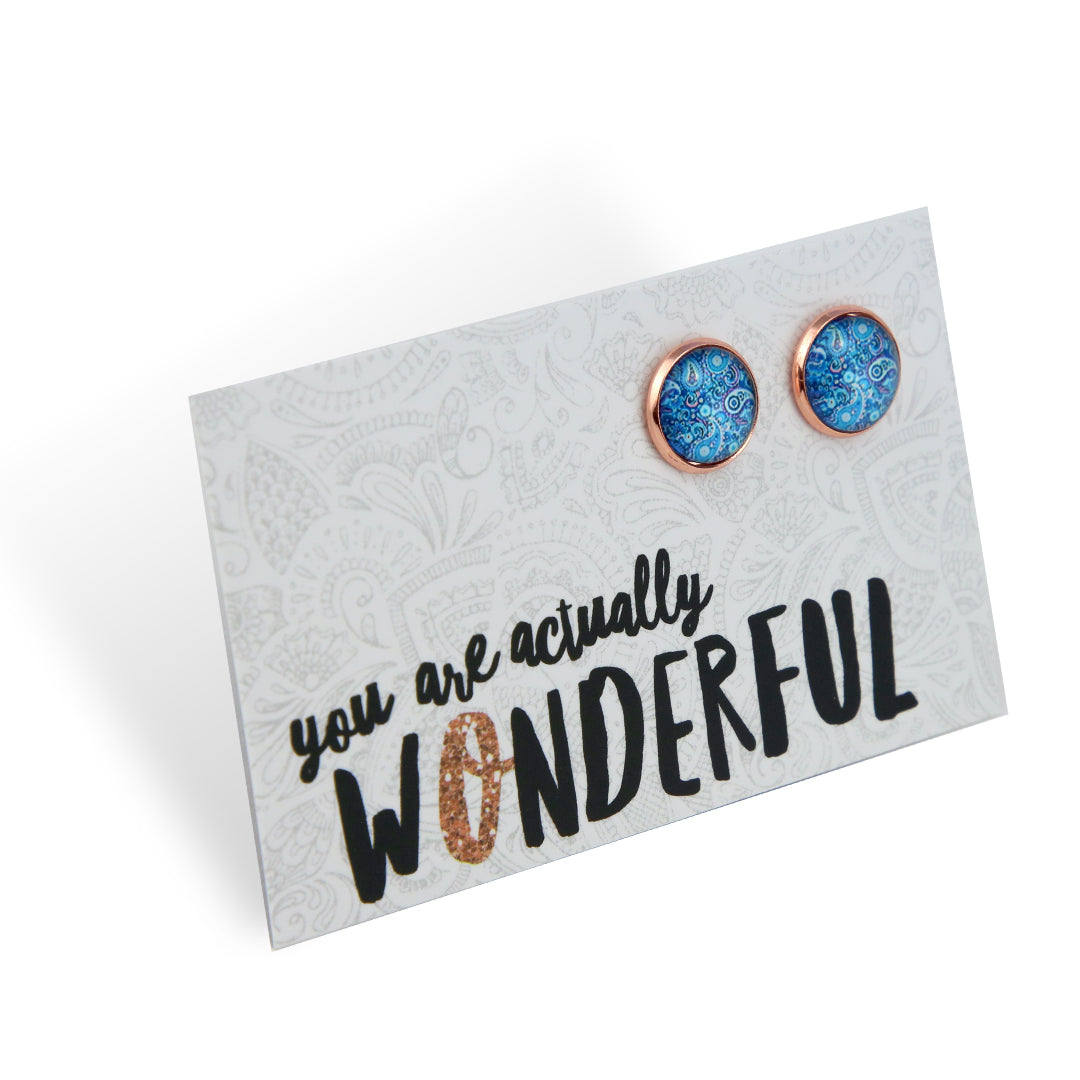 Blue Collection - You are Actually Wonderful - Rose Gold 12mm Circle Studs - Blue Paisley (12443)