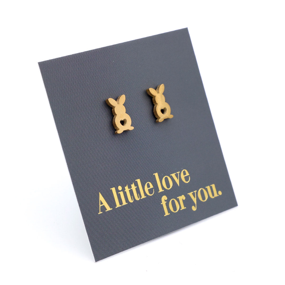 Gold bunny-shaped earrings on a gray card with 'A little love for you' text.