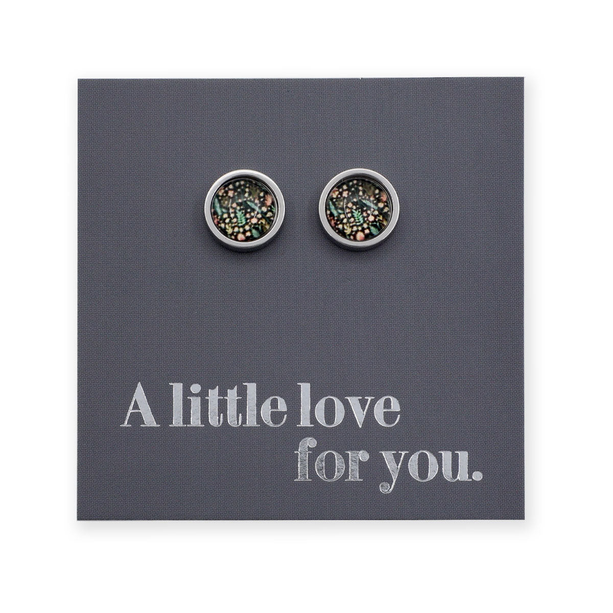 Pair of round earrings on a gray card with 'A little love for you.' text